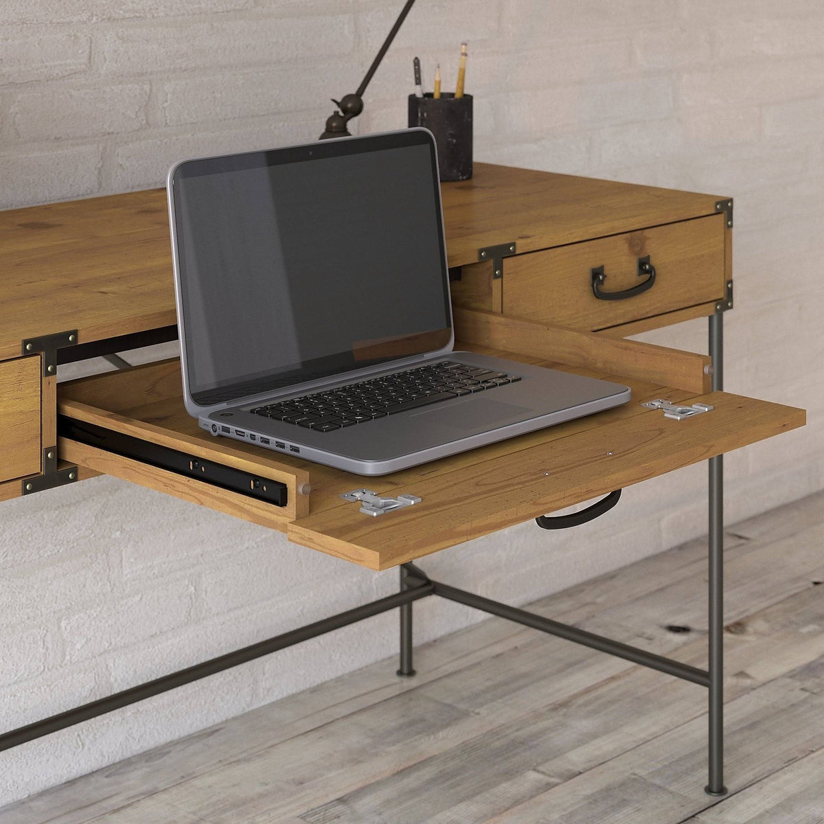 Golden Pine Writing Desk with Organizer and Cabinet V26675