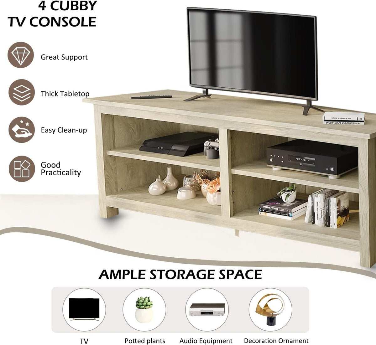 58 Modern TV Stand with 4 Open Storage Cabinets, Oak K12922
