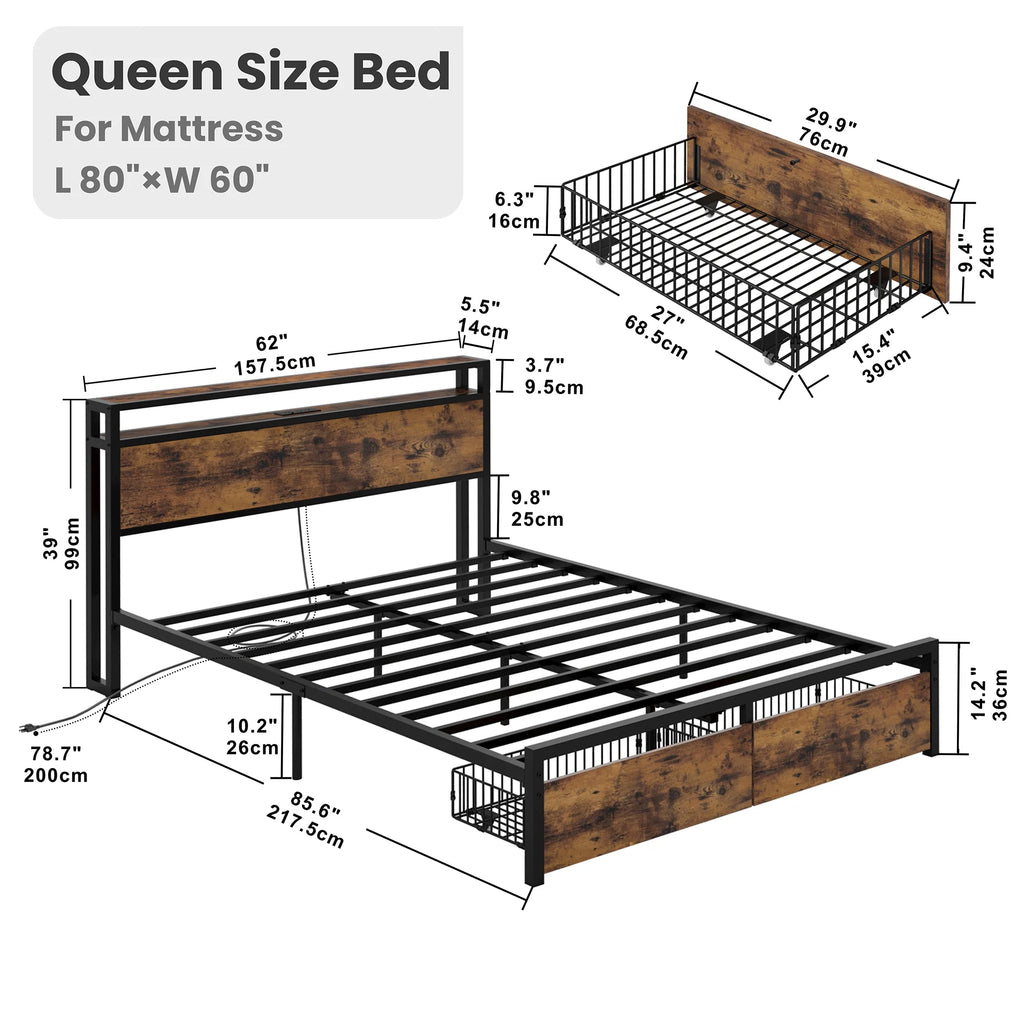 Queen Bed Frame with 2 Tier Storage Headboard and 2 Drawers E2300
