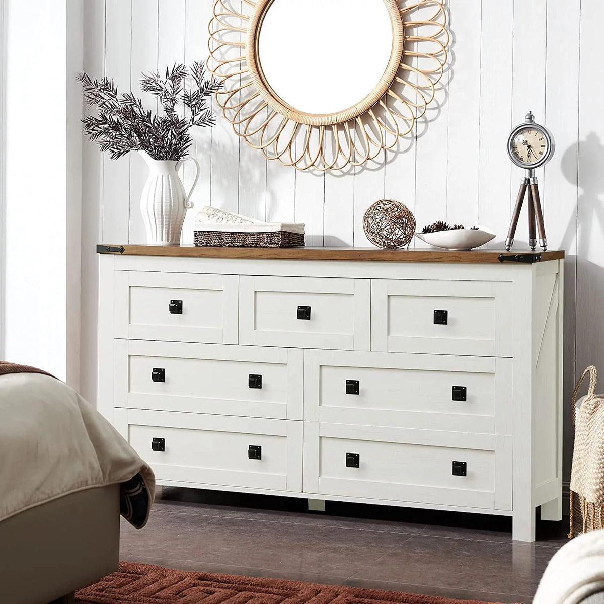 Light Rustic Oak 7 Drawer Dresser Storage Cabinet O288521