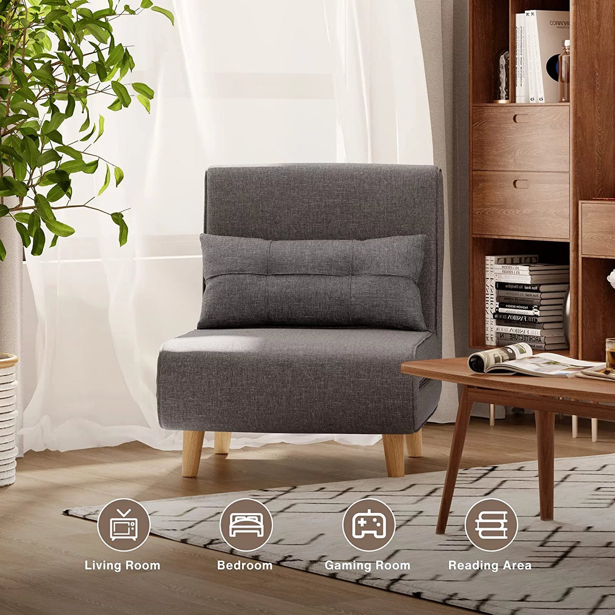 Dark Grey Convertible Sofa Chair Bed with Wood Legs U728