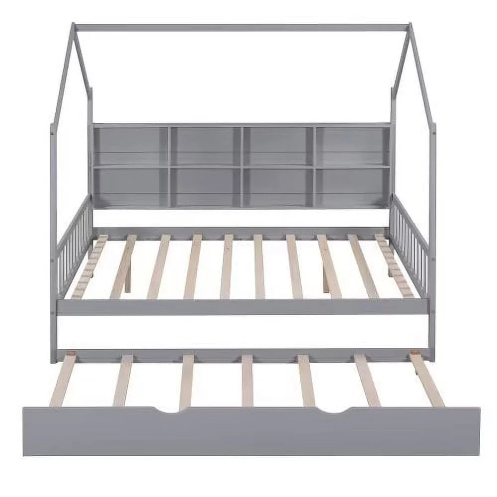 White Full Size Wood House Bed with Trundle and Shelves J853