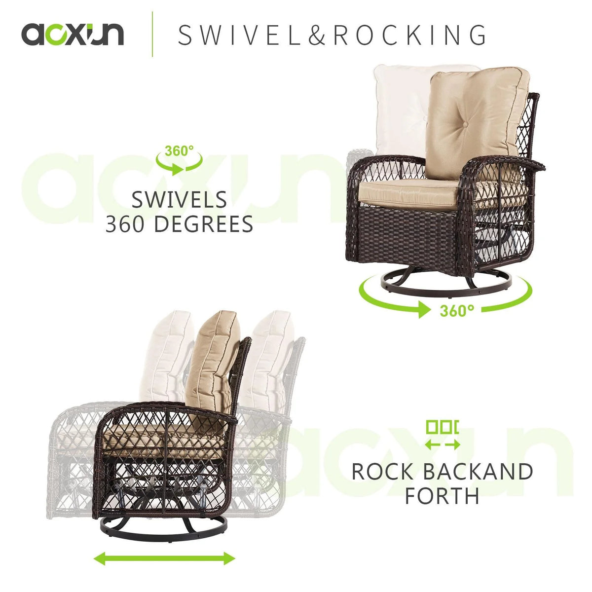 3 Piece Swivel Rocking Wicker Patio Chairs Set with Beige Cushions Z723