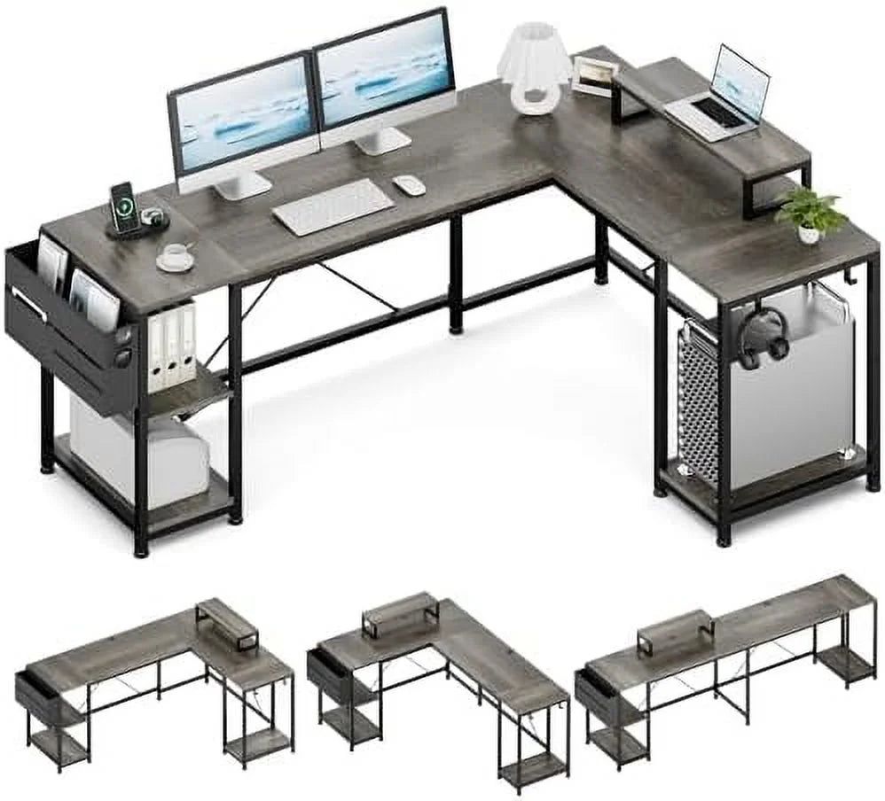 L Shaped Reversible Corner Computer Desk with Shelves F205