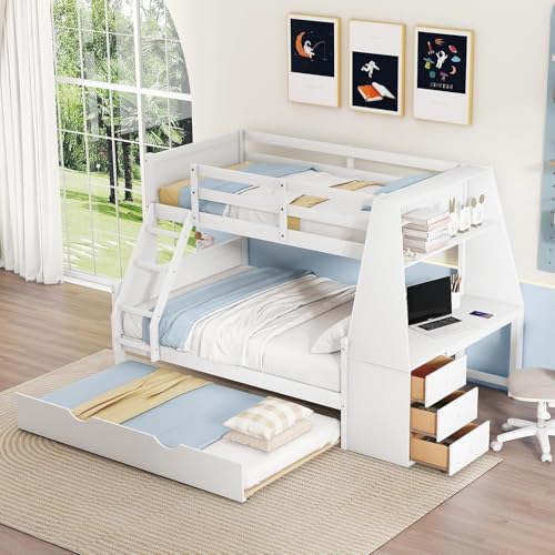 Twin Over Full Wooden Bunk Bed with Desk and Trundle H46358