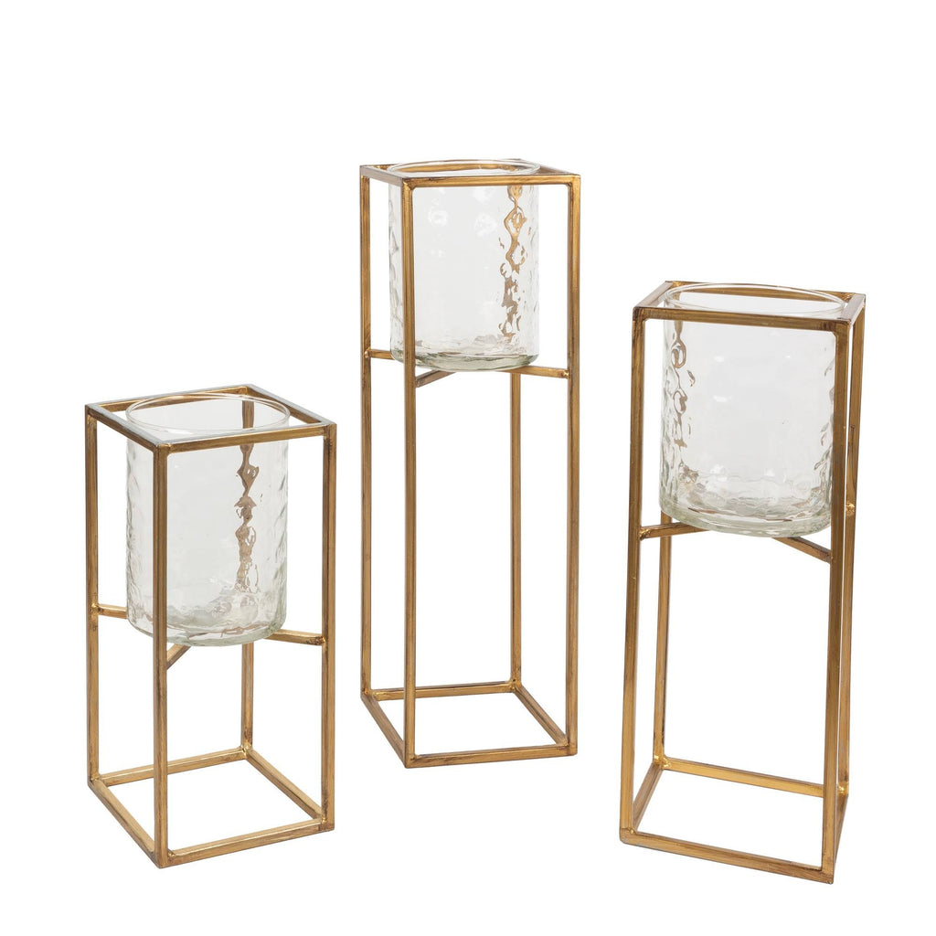 Textured Glass and Gold Metal Candle Holder Set of 3 J368163