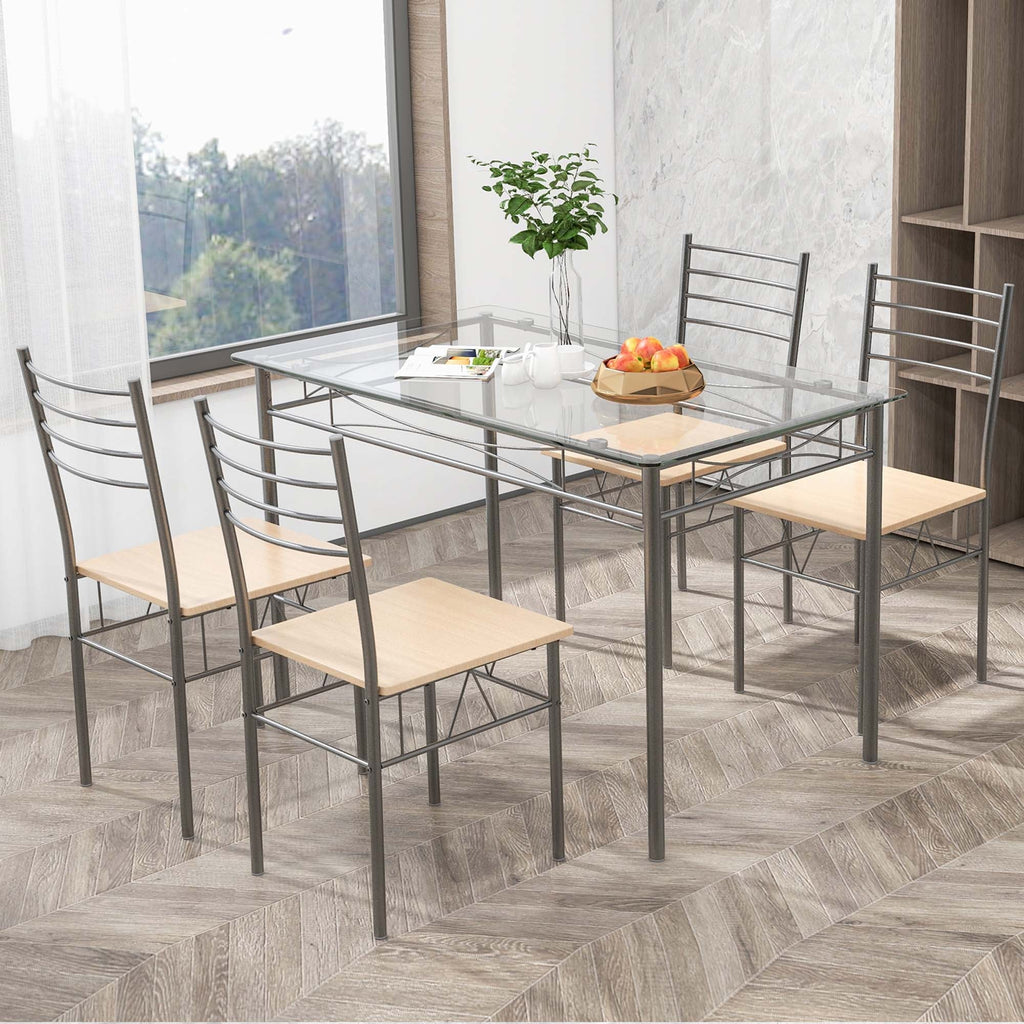 5 Piece Dining Set Table and 4 Chairs Glass Top Brown R28856