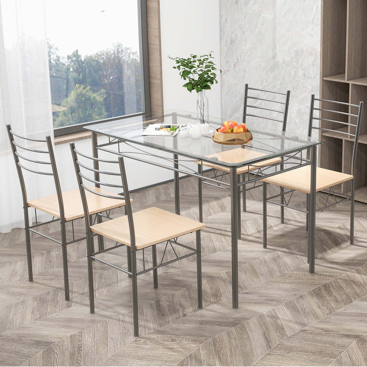 5 Piece Dining Set Table and 4 Chairs Glass Top Brown R28856