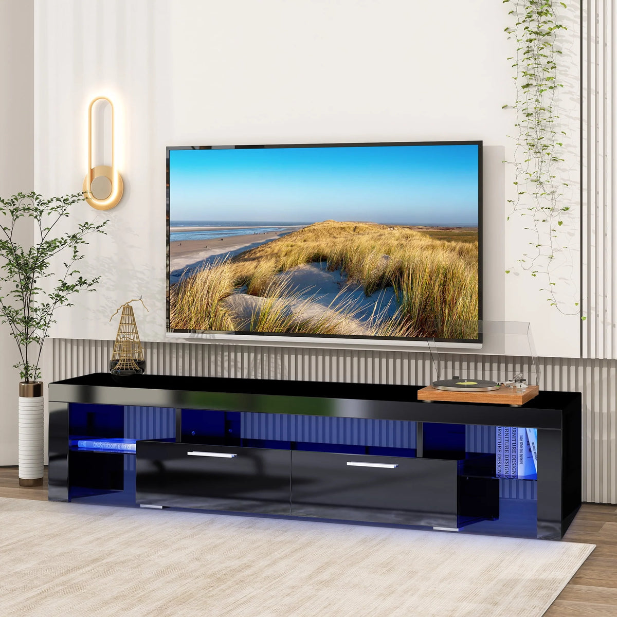 White High Gloss TV Stand with LED Lights and Storage Shelves T1721