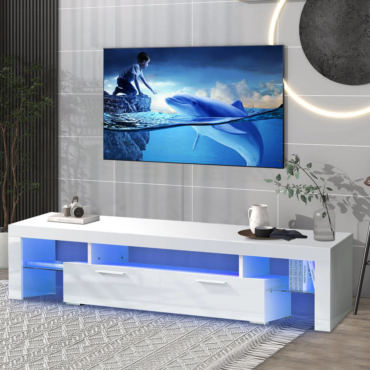 White High Gloss TV Stand with LED Lights and Storage Shelves T1721