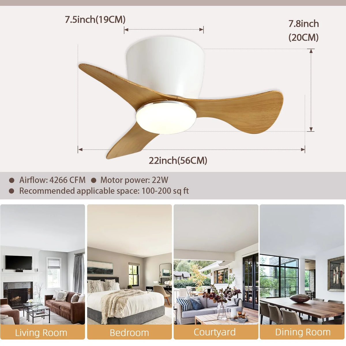 White 22 Inch 3 Reversible Blades Ceiling Fan with Lights M3339
