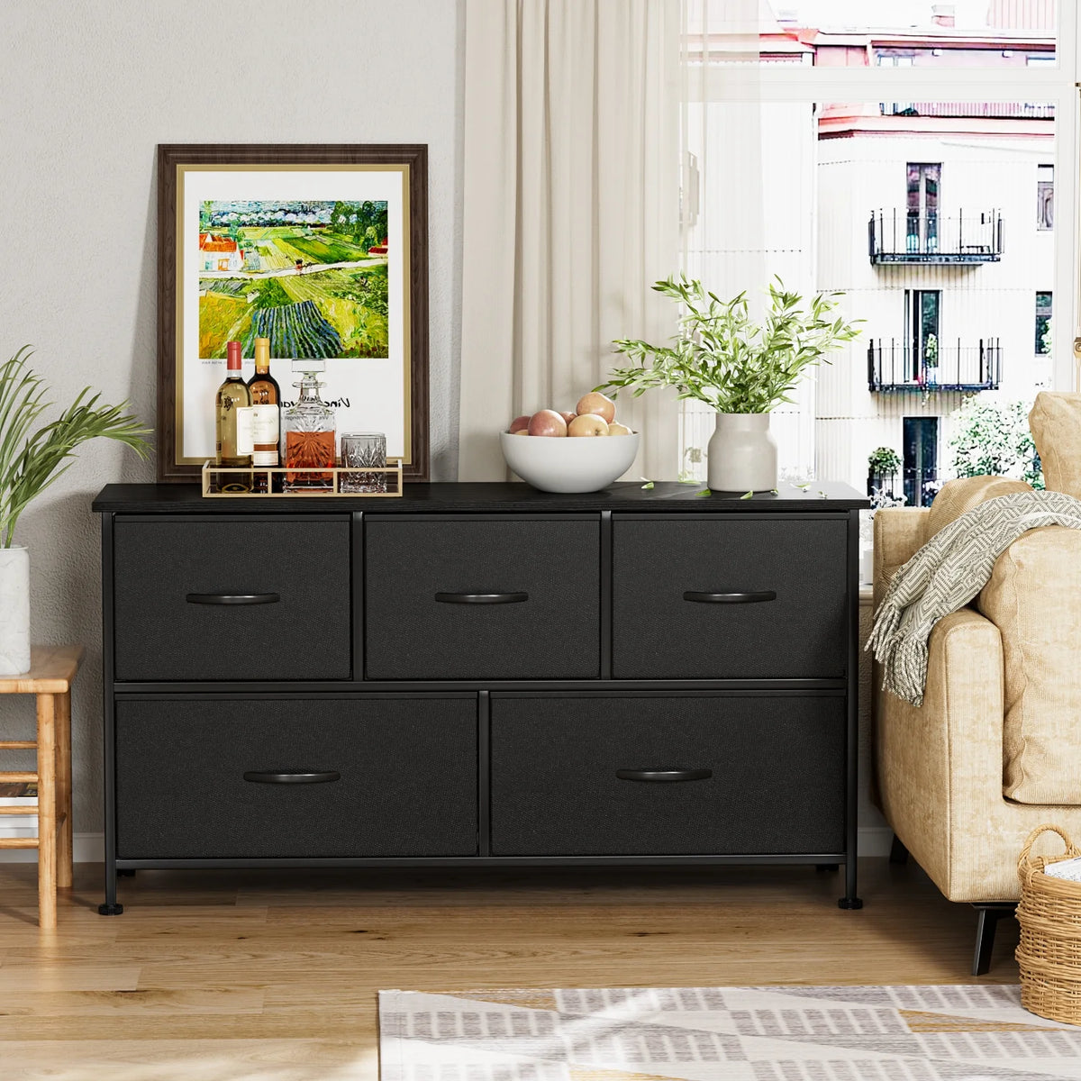 Black 5 Drawer Fabric Dresser I7218