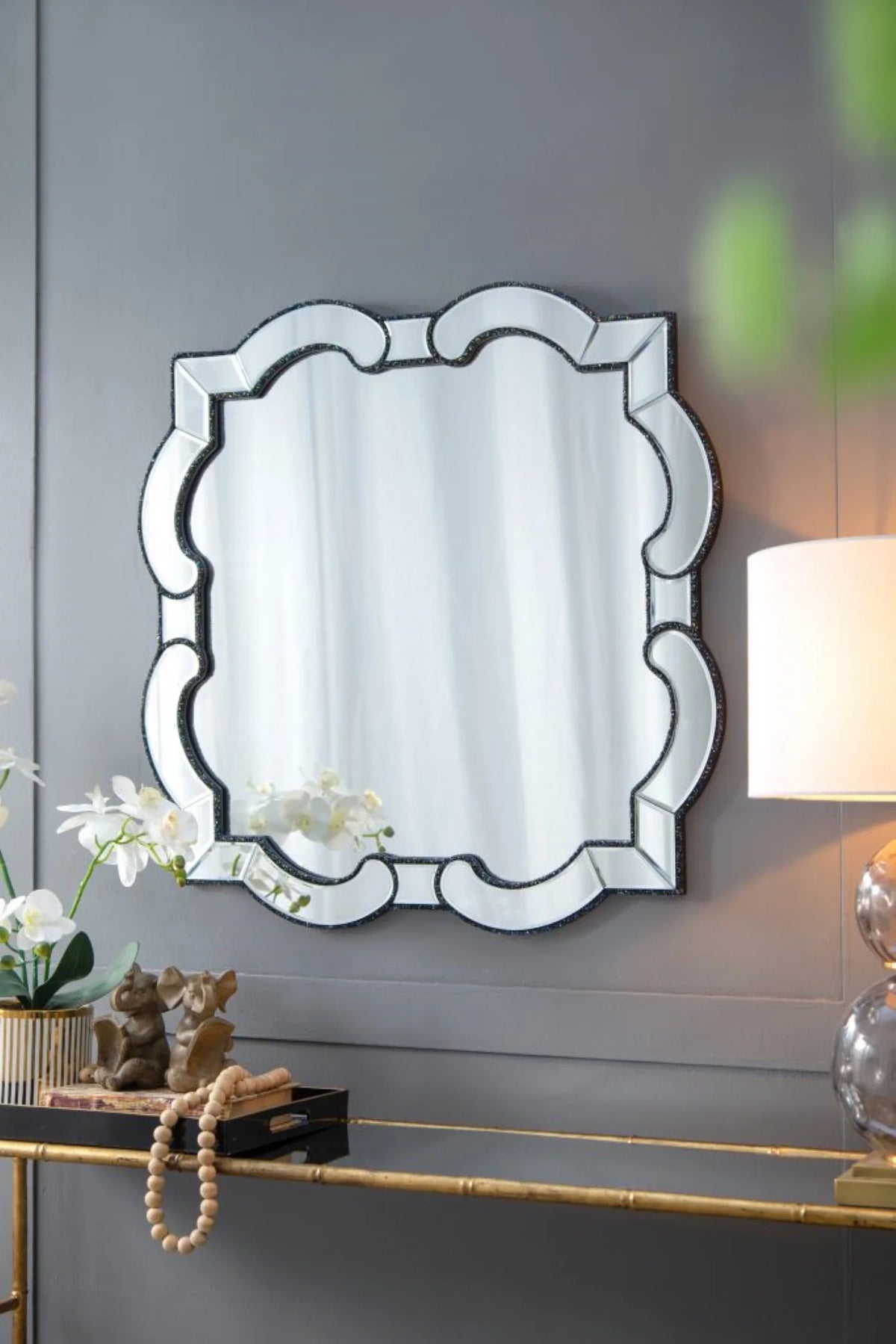Scalloped Design Wall Mirror 2.5' Clear and Black V469286