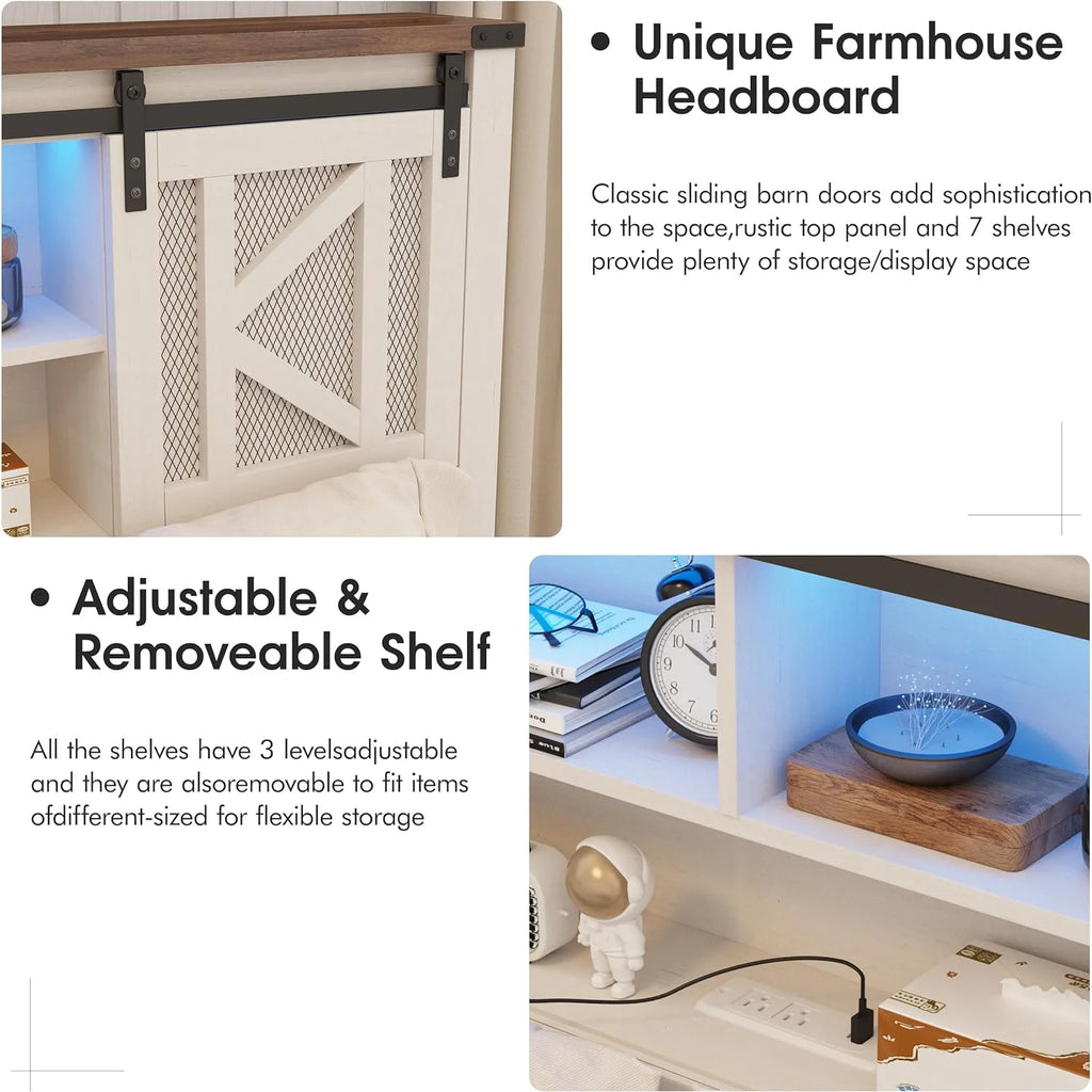 White Queen Size Metal Bed Frame with Headboard and Charging Station D502