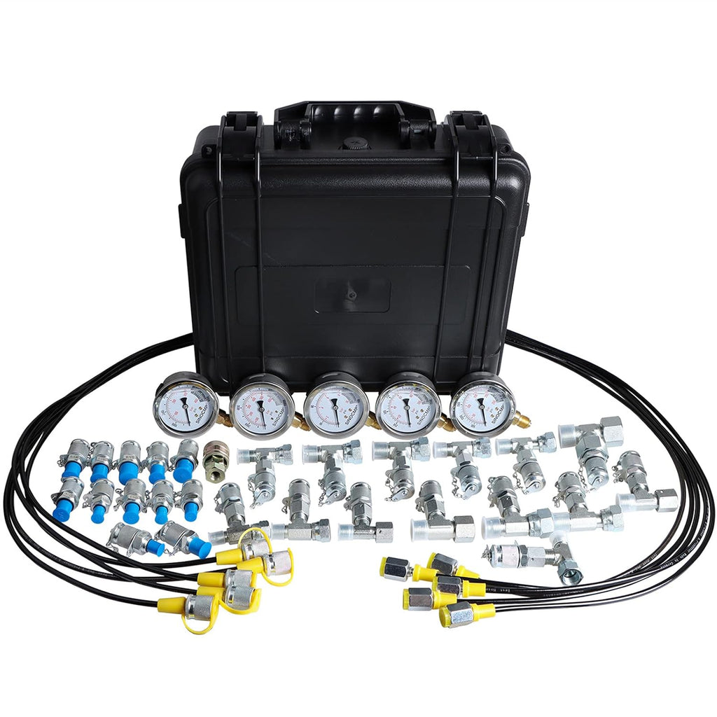 Hydraulic Pressure Test Kit with 5 Gauges 5 Test Hoses 13 Couplings and 14 Tee Connectors Y601