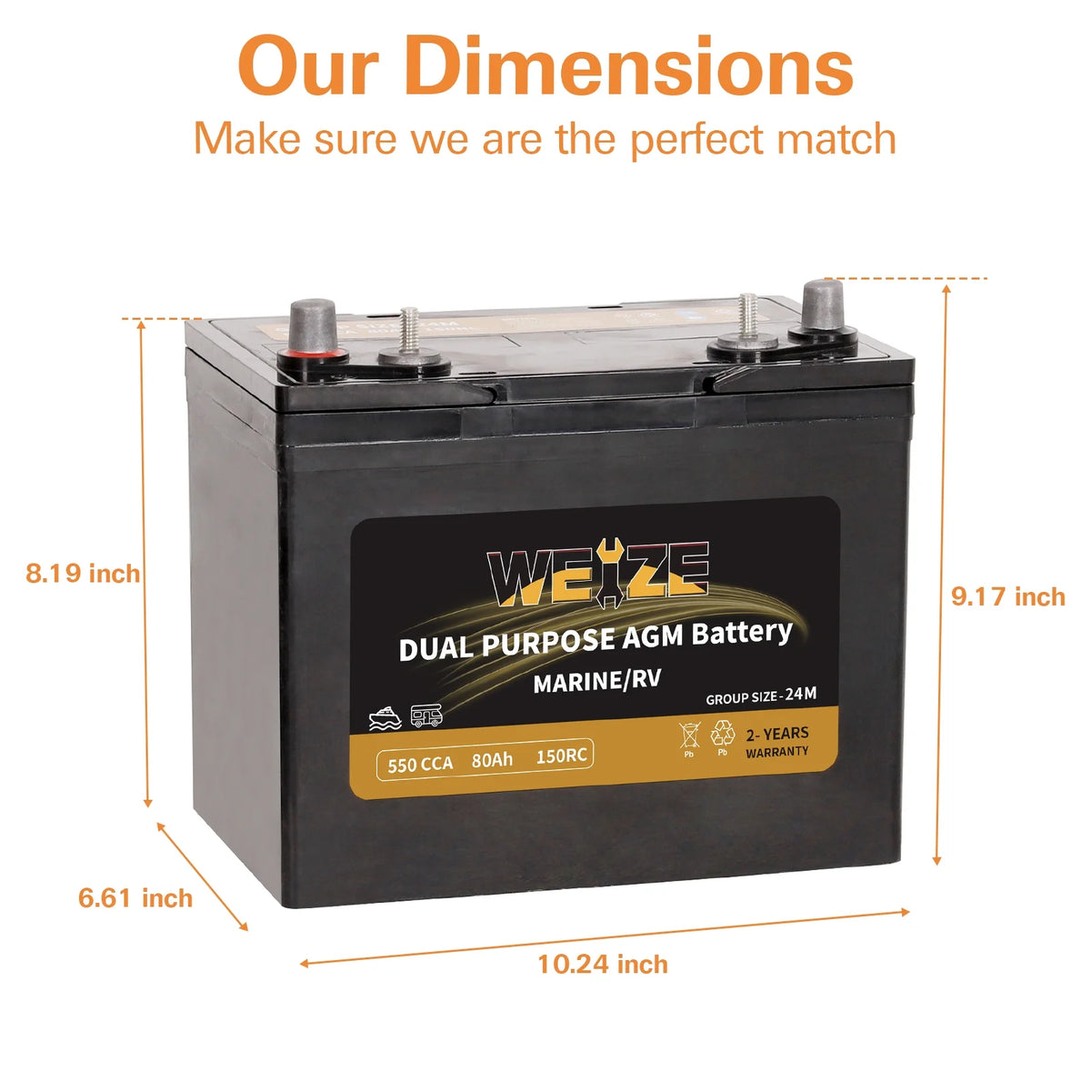 12V 80AH Dual Purpose AGM Battery, 550CCA Group 24M Y5779