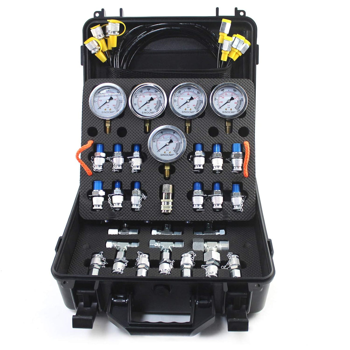 Hydraulic Pressure Test Kit with 5 Gauges 5 Test Hoses 13 Couplings and 14 Tee Connectors Y601