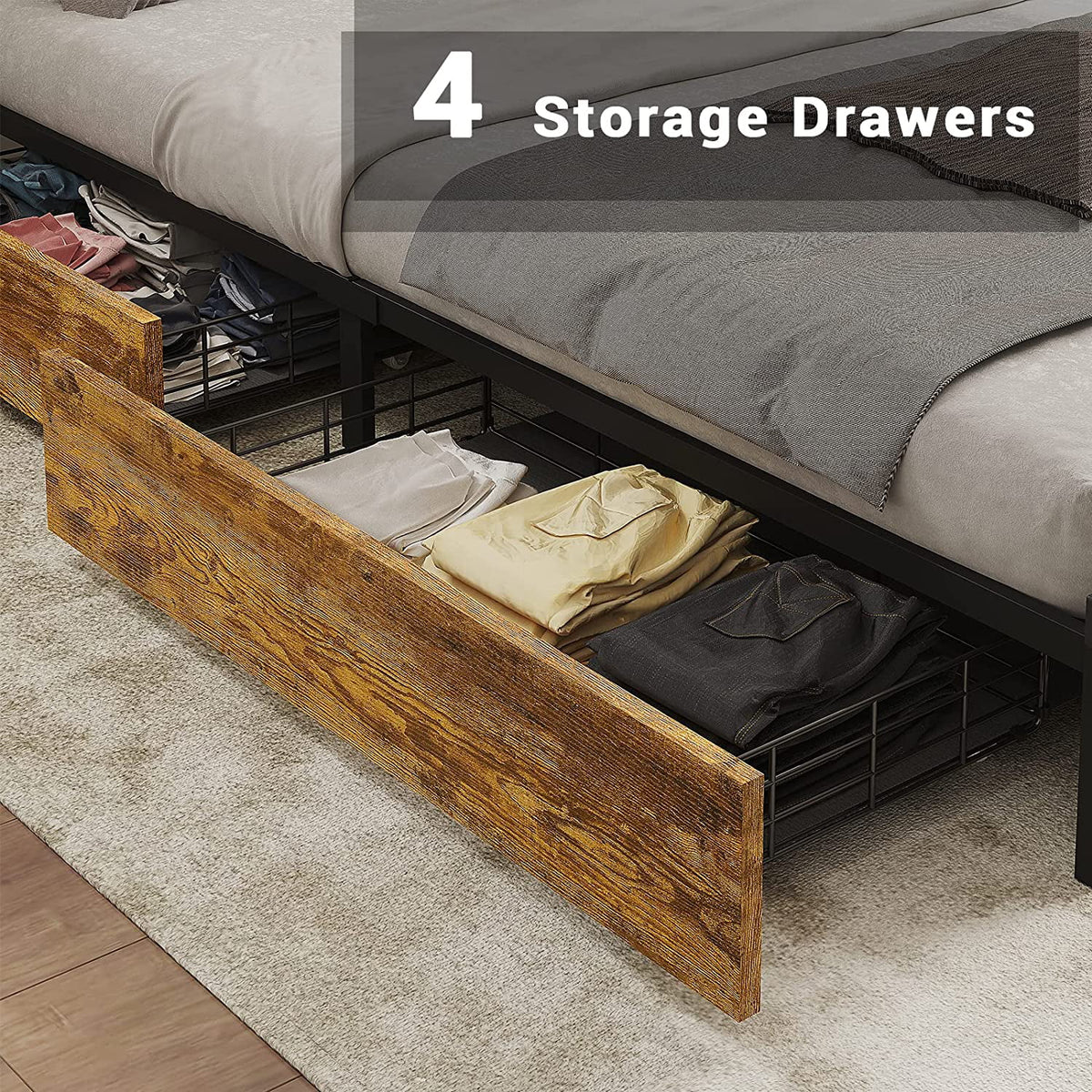 Queen Bed Frame with LED Lights Headboard & 4 Storage Drawers P378
