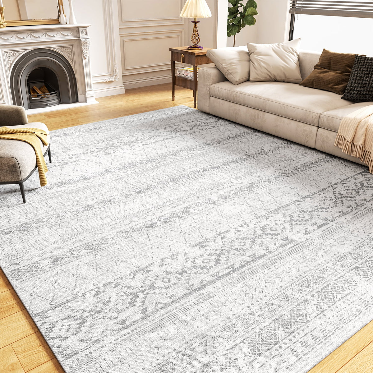 5'x8' Washable Boho Geometric Area Rug Grey O994441