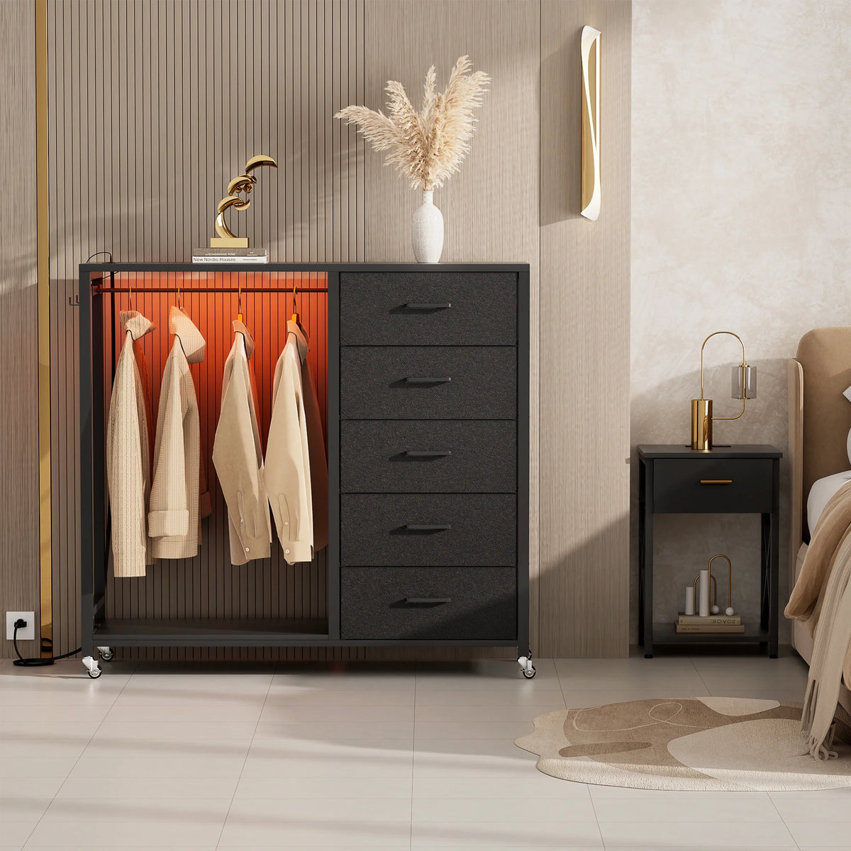 White 5 Drawer Dresser with Clothes Rack B957