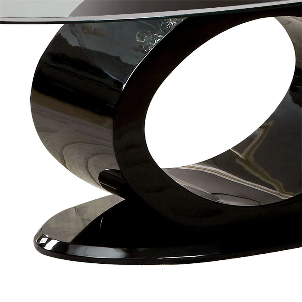 Contemporary Tempered Glass Top Coffee Table with O Shape Base, Black Q212