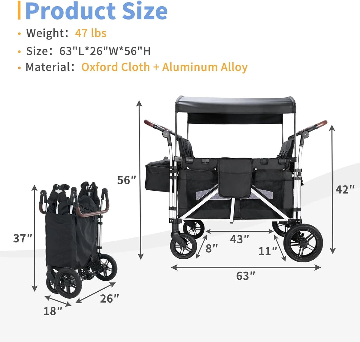 4 Kids Foldable Stroller Wagon with Canopy T2186