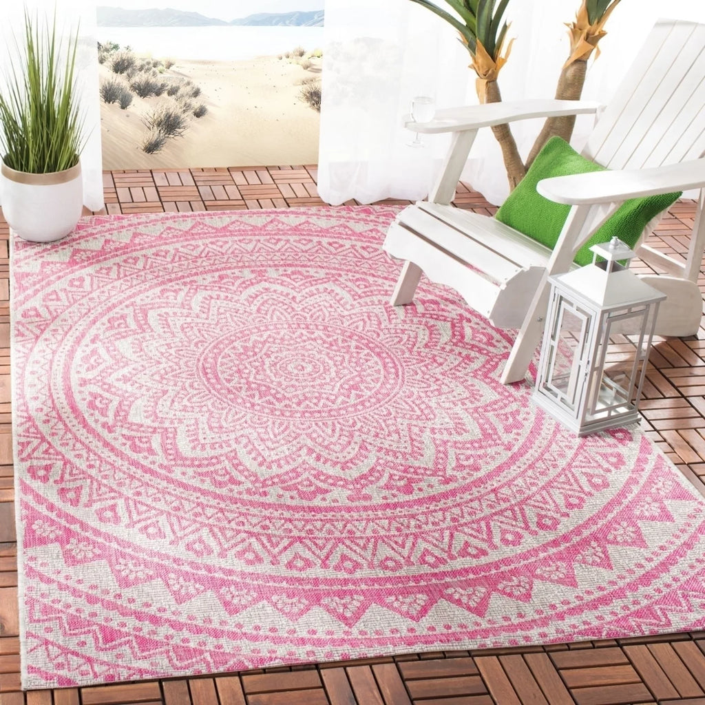Light Grey Fuchsia Medallion Indoor/Outdoor Area Rug D3829