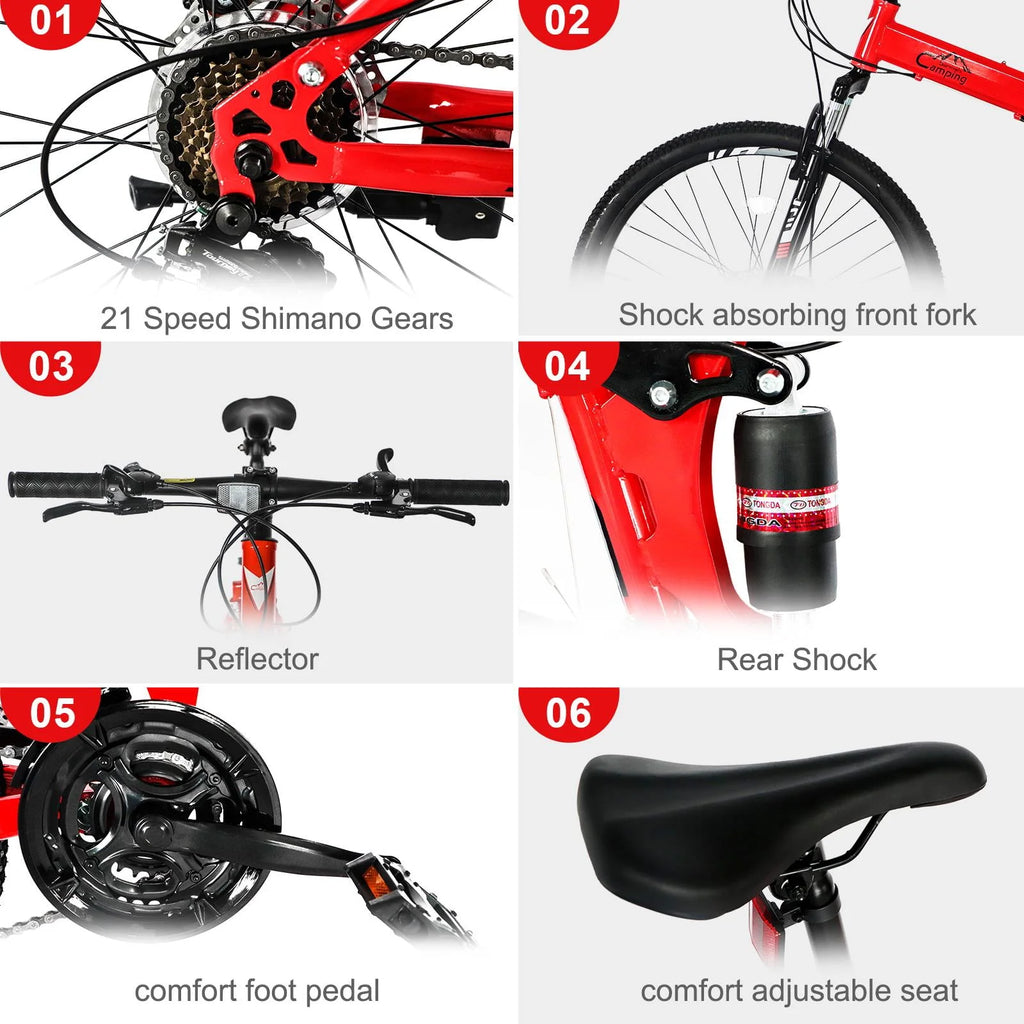 Folding Mountain Bike 21-Speed Red Z98487