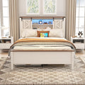 White Queen Size Metal Bed Frame with Headboard and Charging Station D502