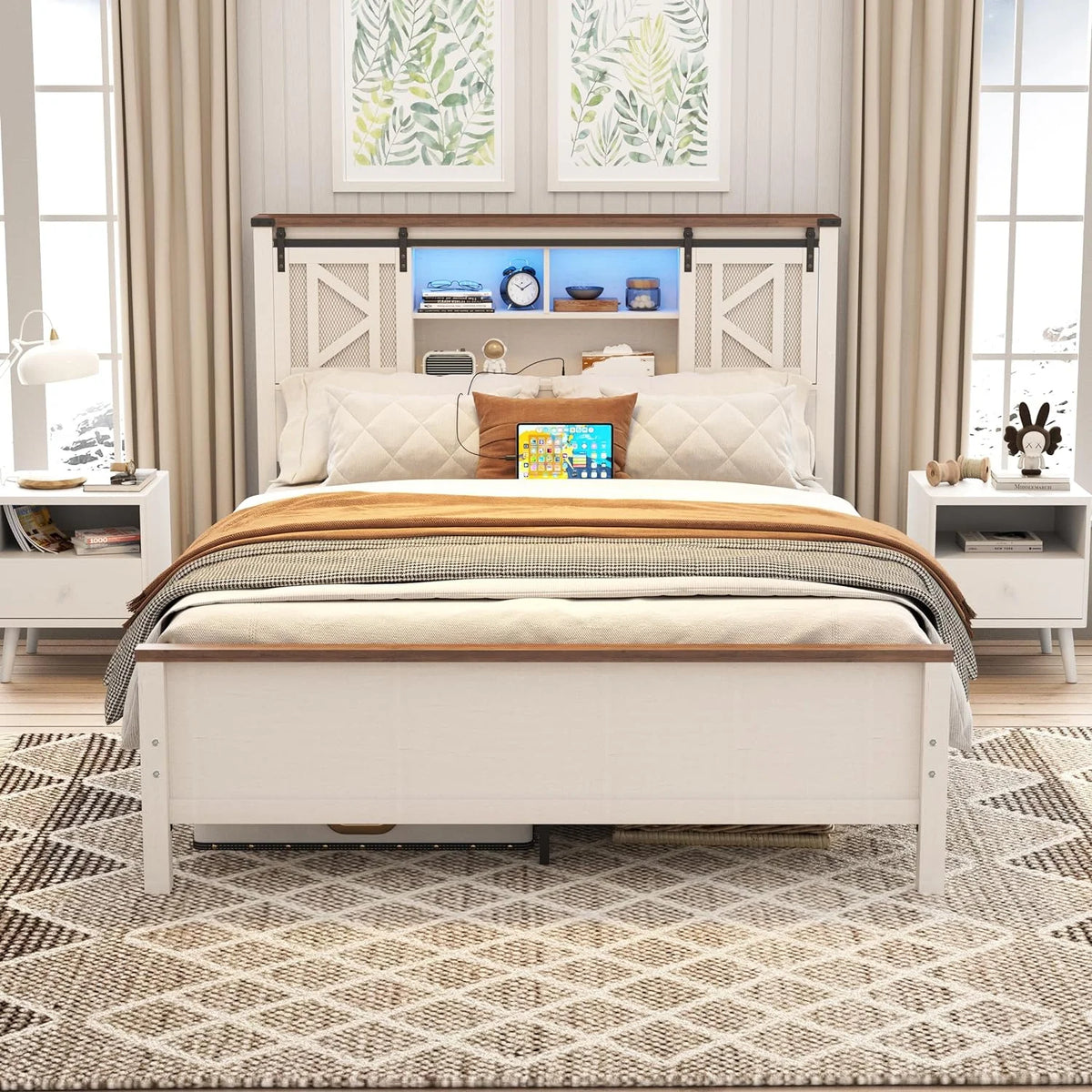 White Queen Size Metal Bed Frame with Headboard and Charging Station D502