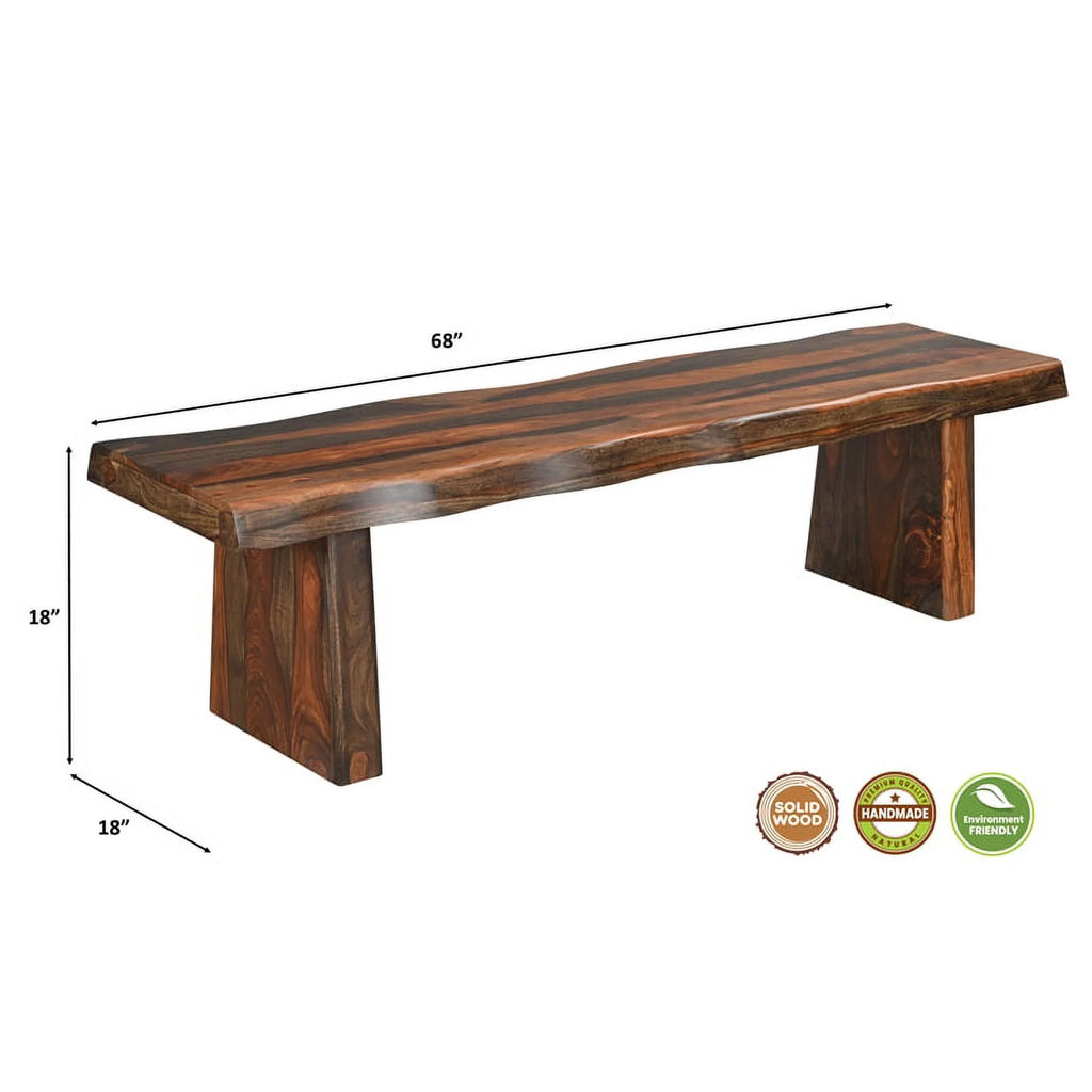 68" Live Edge Solid Wood Dining Bench in Dark Brown U623