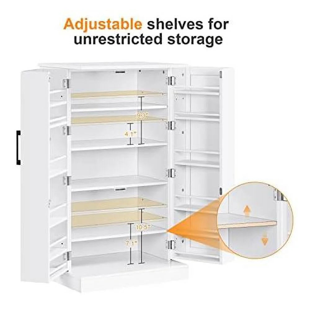 White Wood Pantry Cabinet with Doors and Adjustable Shelves I387