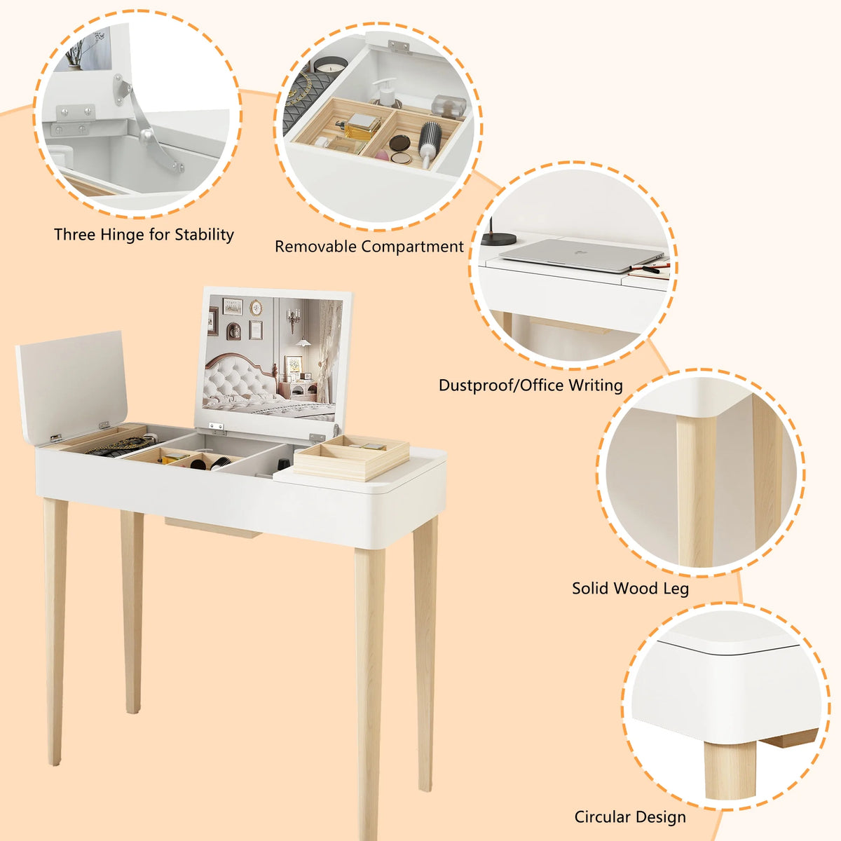 White Flip Top Mirror Vanity Table with Drawer I845