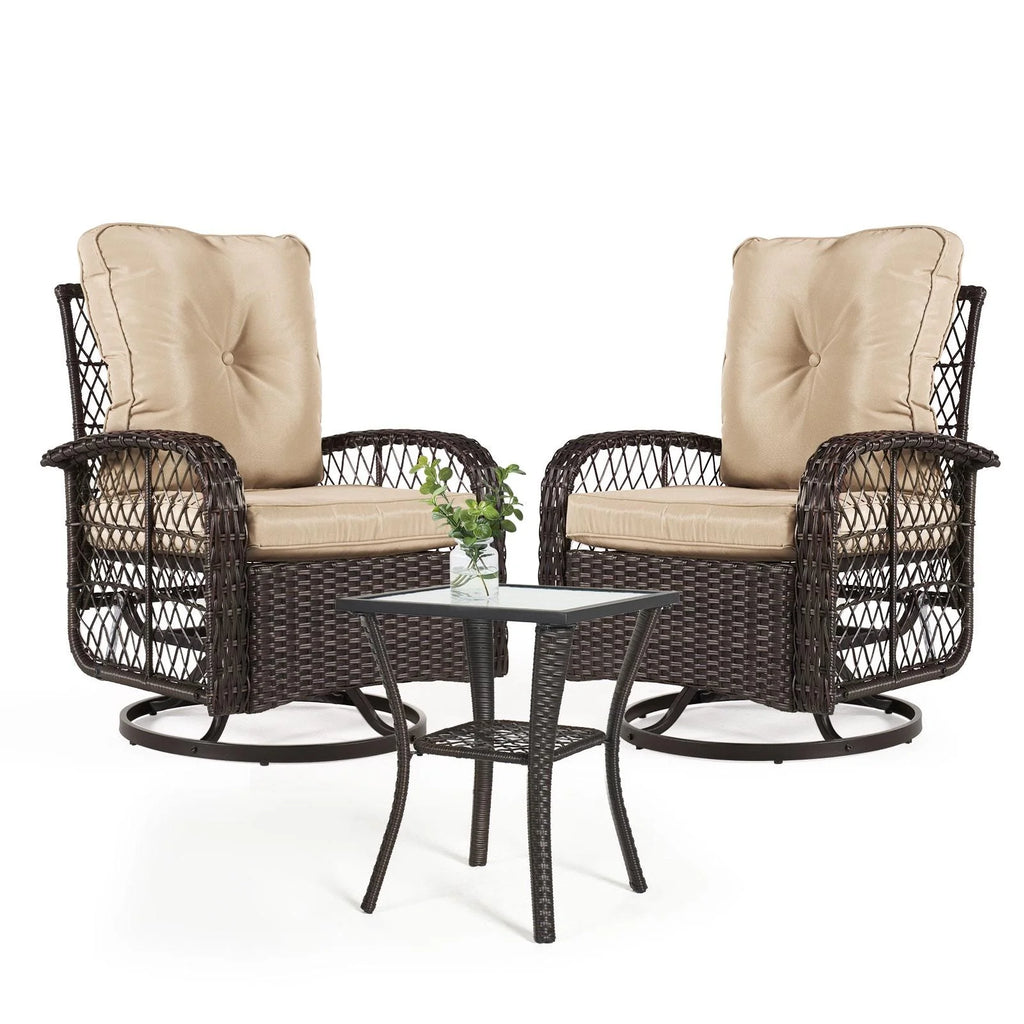 3 Piece Swivel Rocking Wicker Patio Chairs Set with Beige Cushions Z723