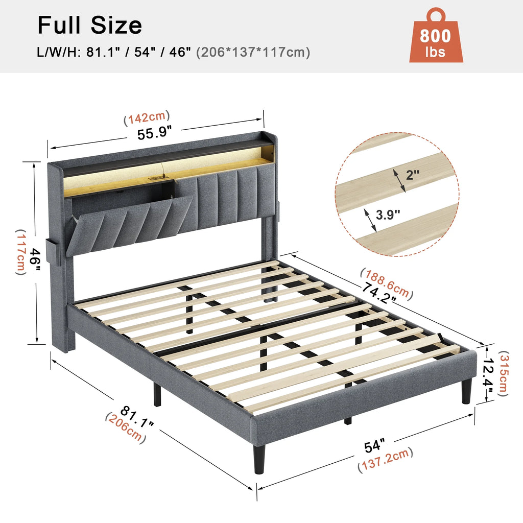Queen Upholstered Platform Bed Frame with Storage Headboard A771386