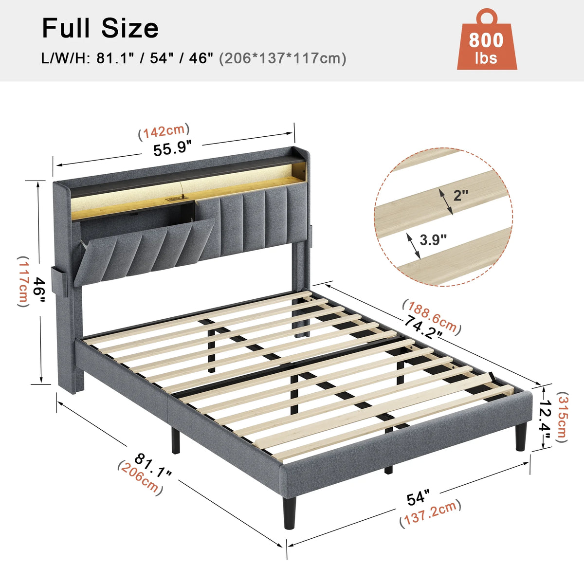 Queen Upholstered Platform Bed Frame with Storage Headboard A771386