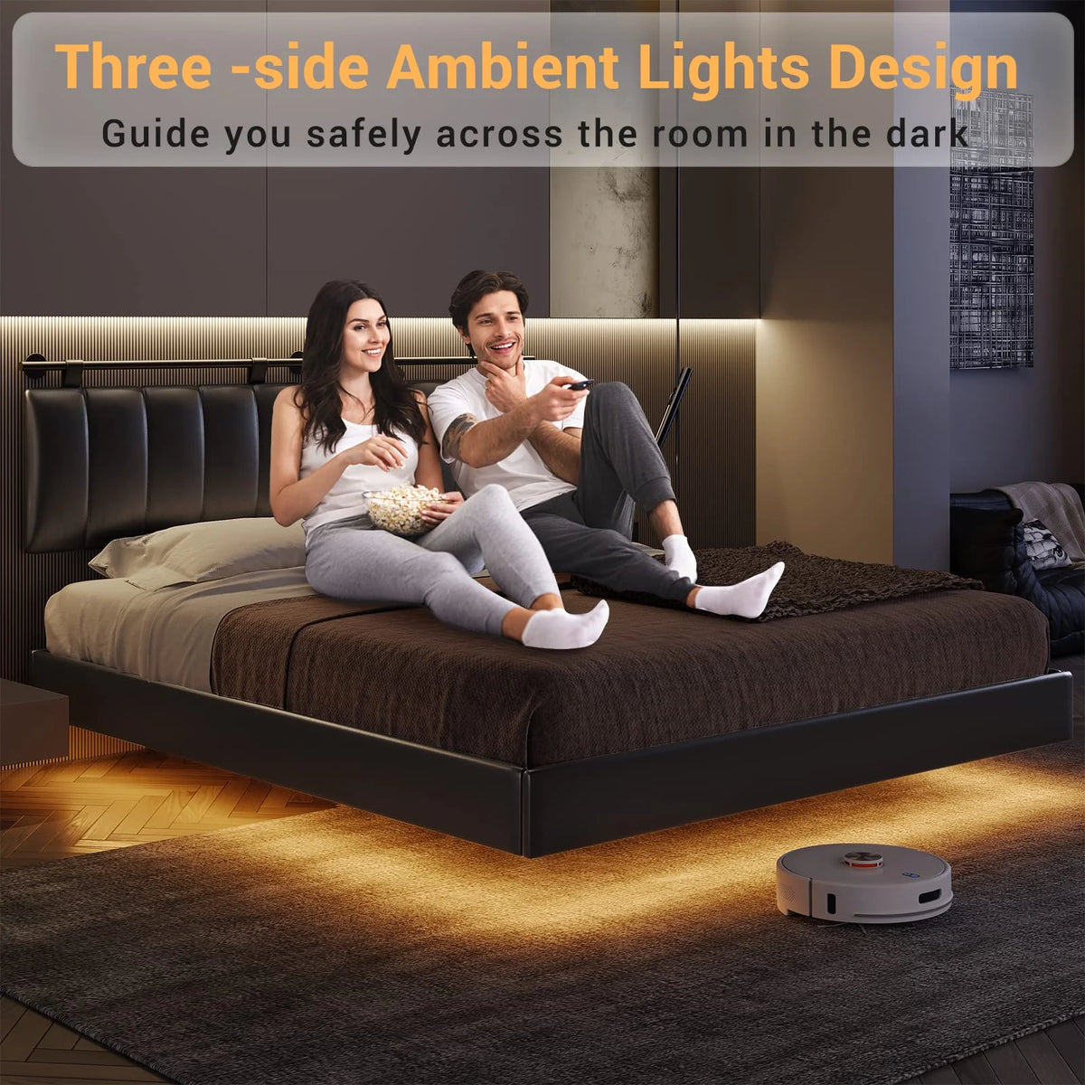 Queen Floating Bed Frame with LED Lights and Wall Mounted Headboard B54815