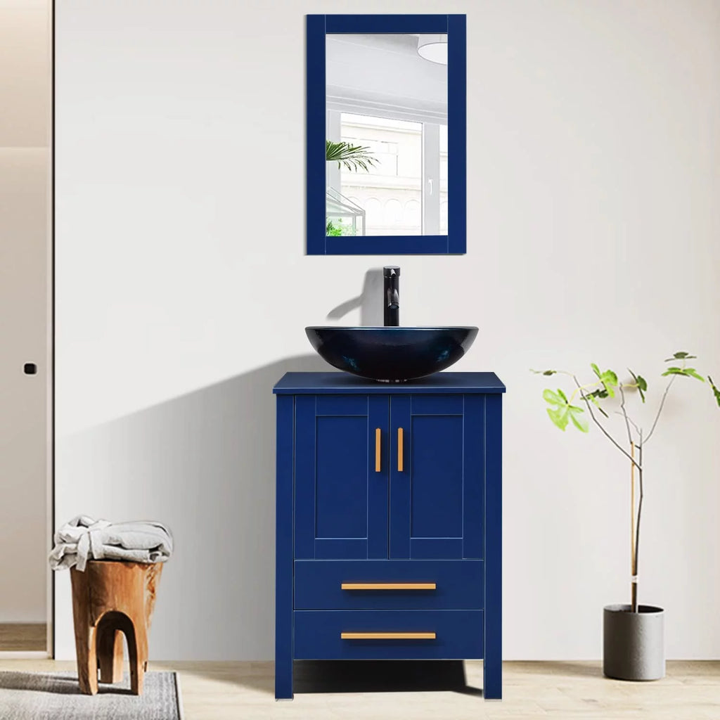 24 Inch Blue Wood Bathroom Vanity and Sink Combo with Mirror B4801