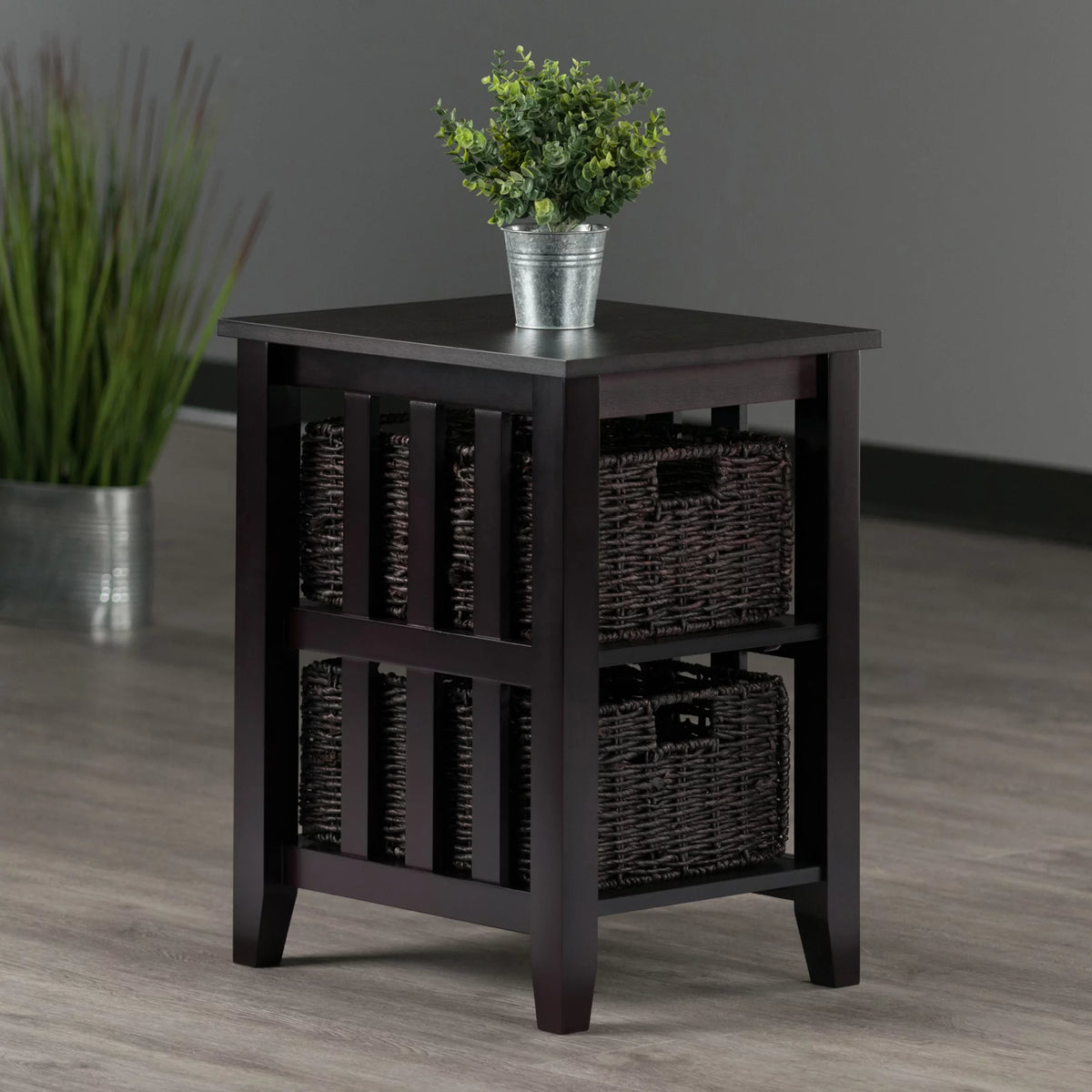 Dark Brown Espresso Side Table with Two Foldable Baskets B619780