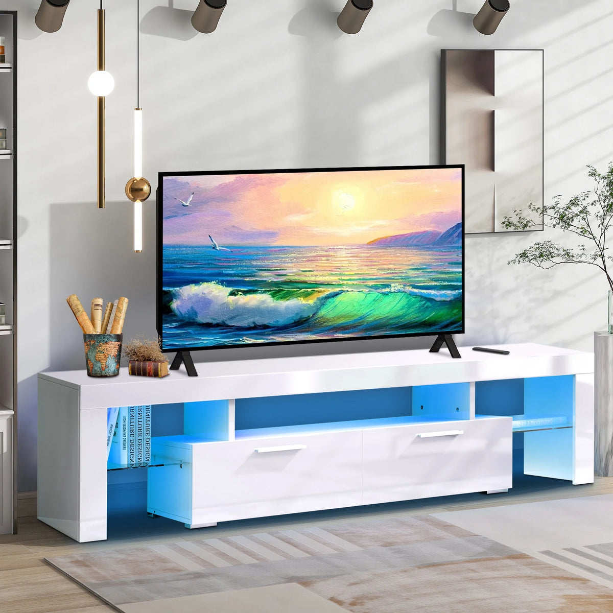 White High Gloss TV Stand with LED Lights and Storage Shelves T1721