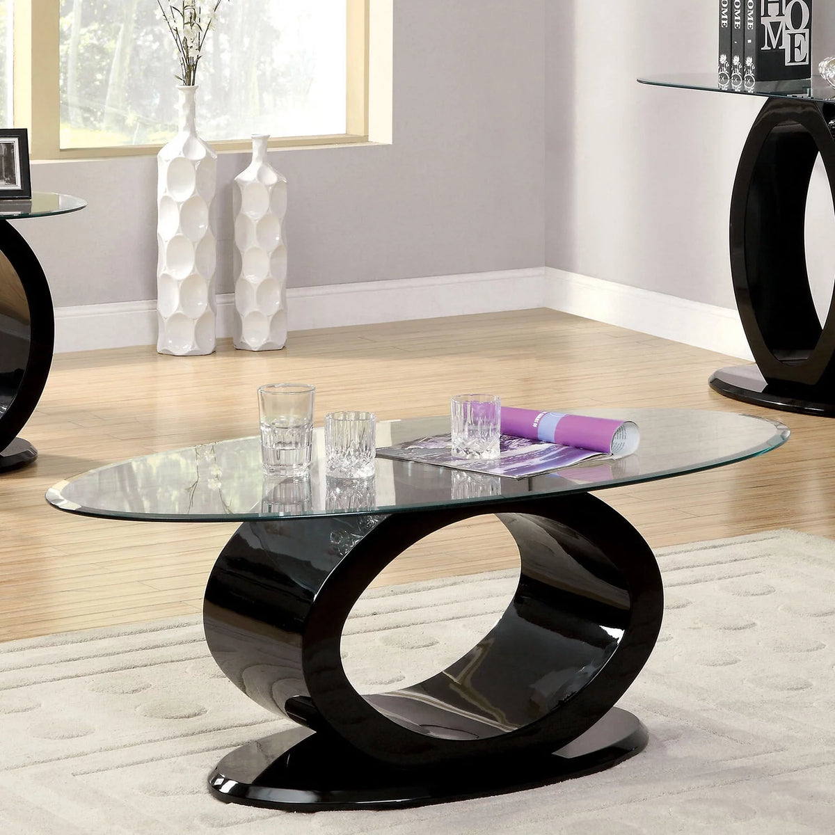 Contemporary Tempered Glass Top Coffee Table with O Shape Base, Black Q212