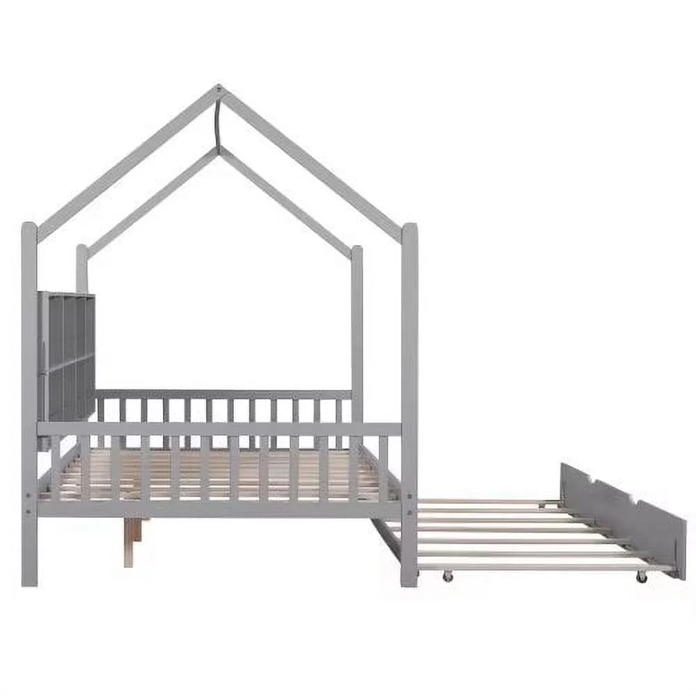 White Full Size Wood House Bed with Trundle and Shelves J853