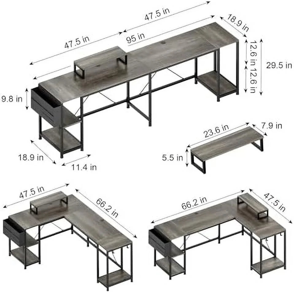 L Shaped Reversible Corner Computer Desk with Shelves F205