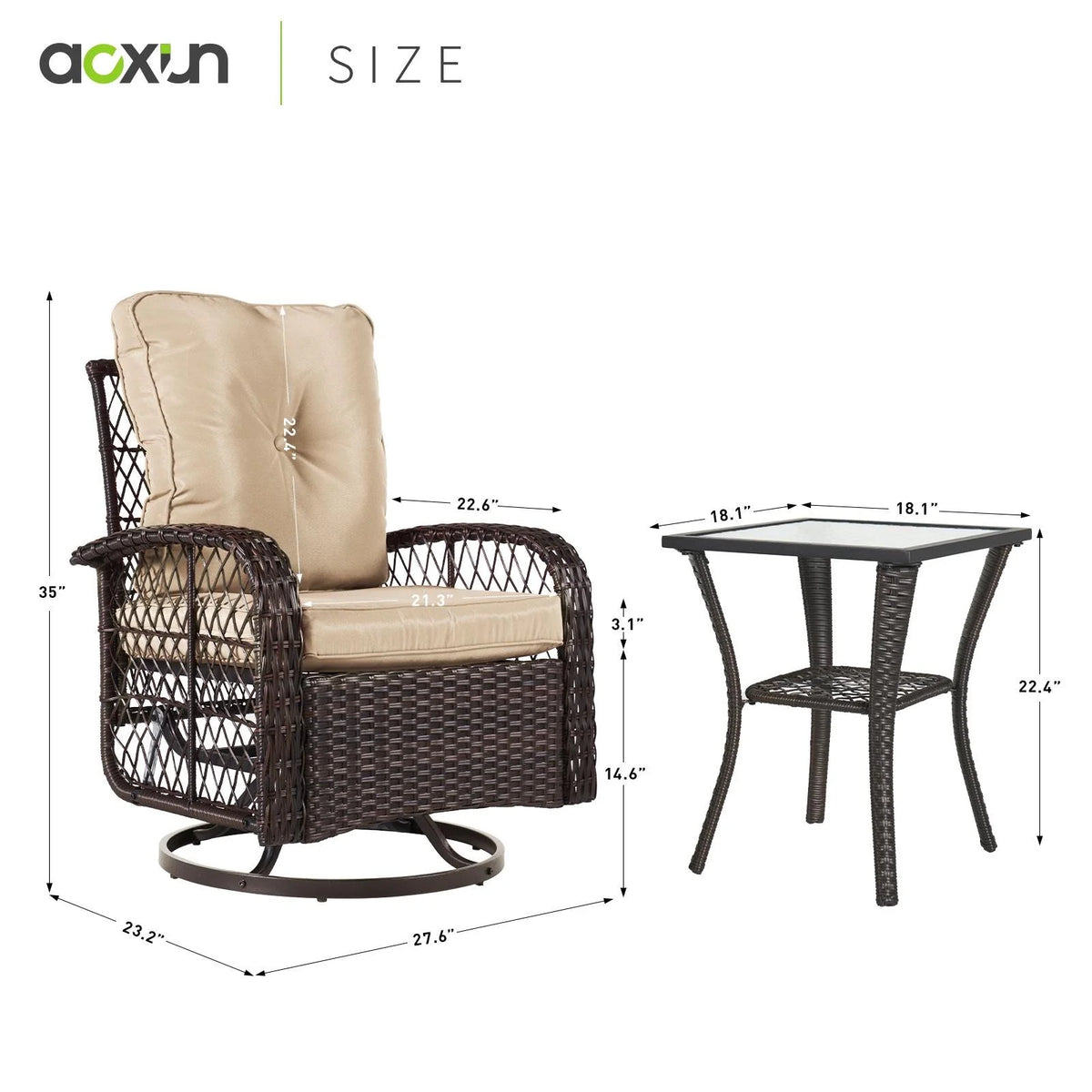 3 Piece Swivel Rocking Wicker Patio Chairs Set with Beige Cushions Z723