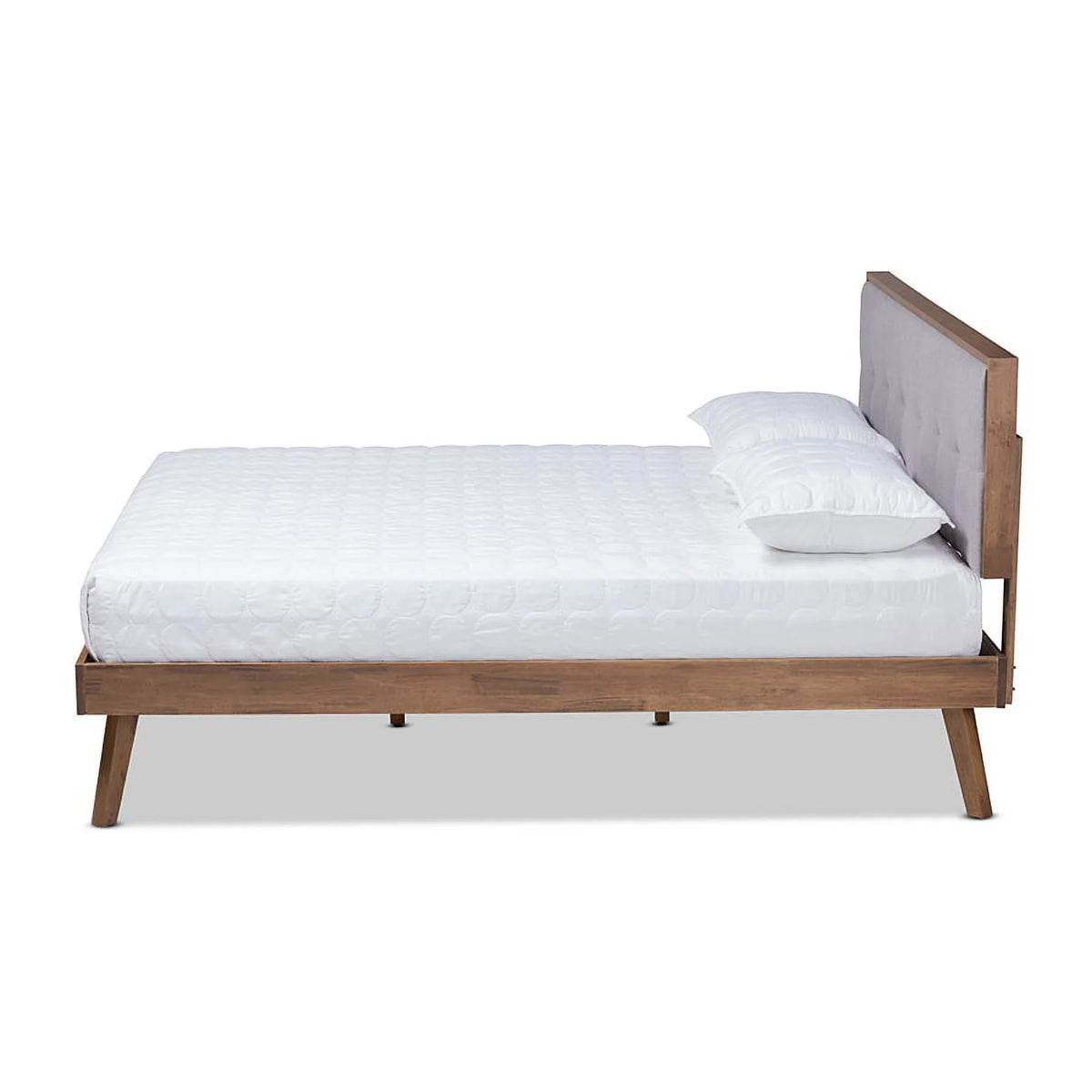 Light Grey Fabric Upholstered Walnut Brown Wood Queen Size Platform Bed G3029
