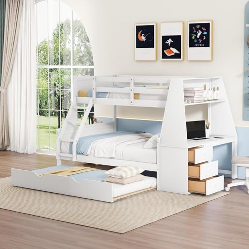 Twin Over Full Wooden Bunk Bed with Desk and Trundle H46358