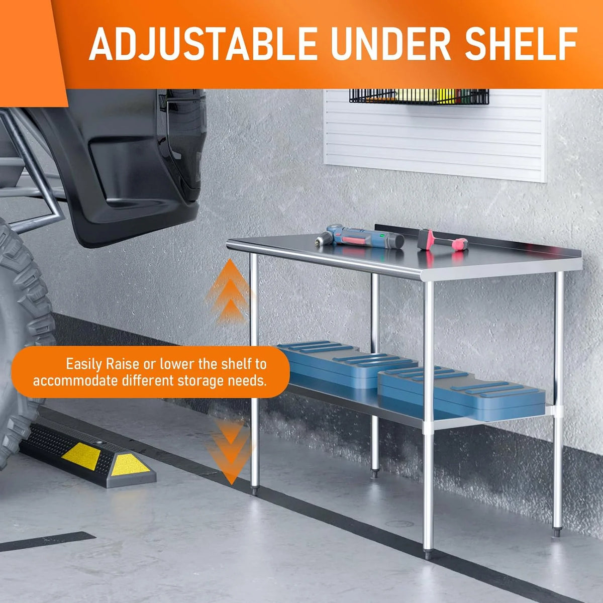 Stainless Steel Table with Adjustable Shelf and Backsplash E208