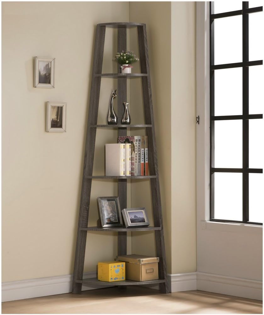 Weathered Grey Wood 5-Tier Corner Bookshelf L6301