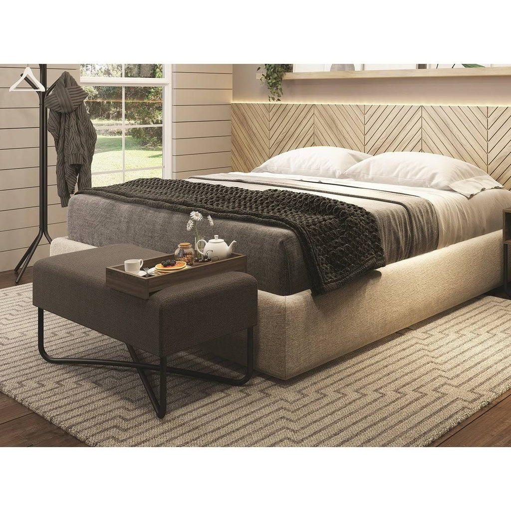 Dark Brown Fabric Bench with Black Base and Dark Oak Tray O7448