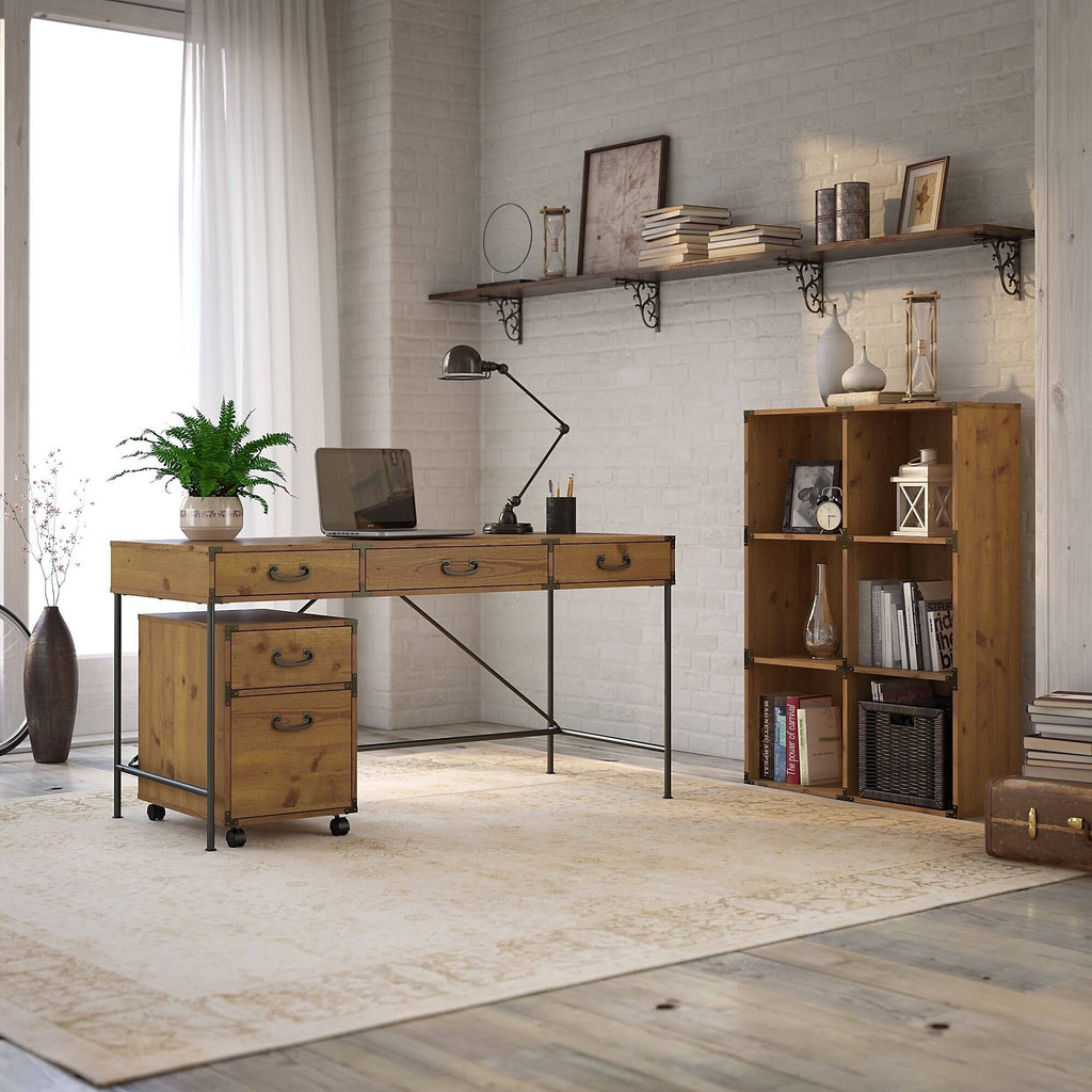 Golden Pine Writing Desk with Organizer and Cabinet V26675